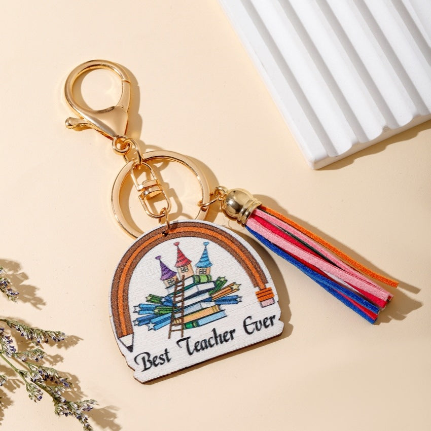 Wholesale Graduation Season Gift Teacher Rainbow Wooden Tag Tassel Keychain
